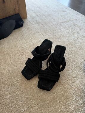 SCHUTZ Black Suede Strappy Block Heel Sandals